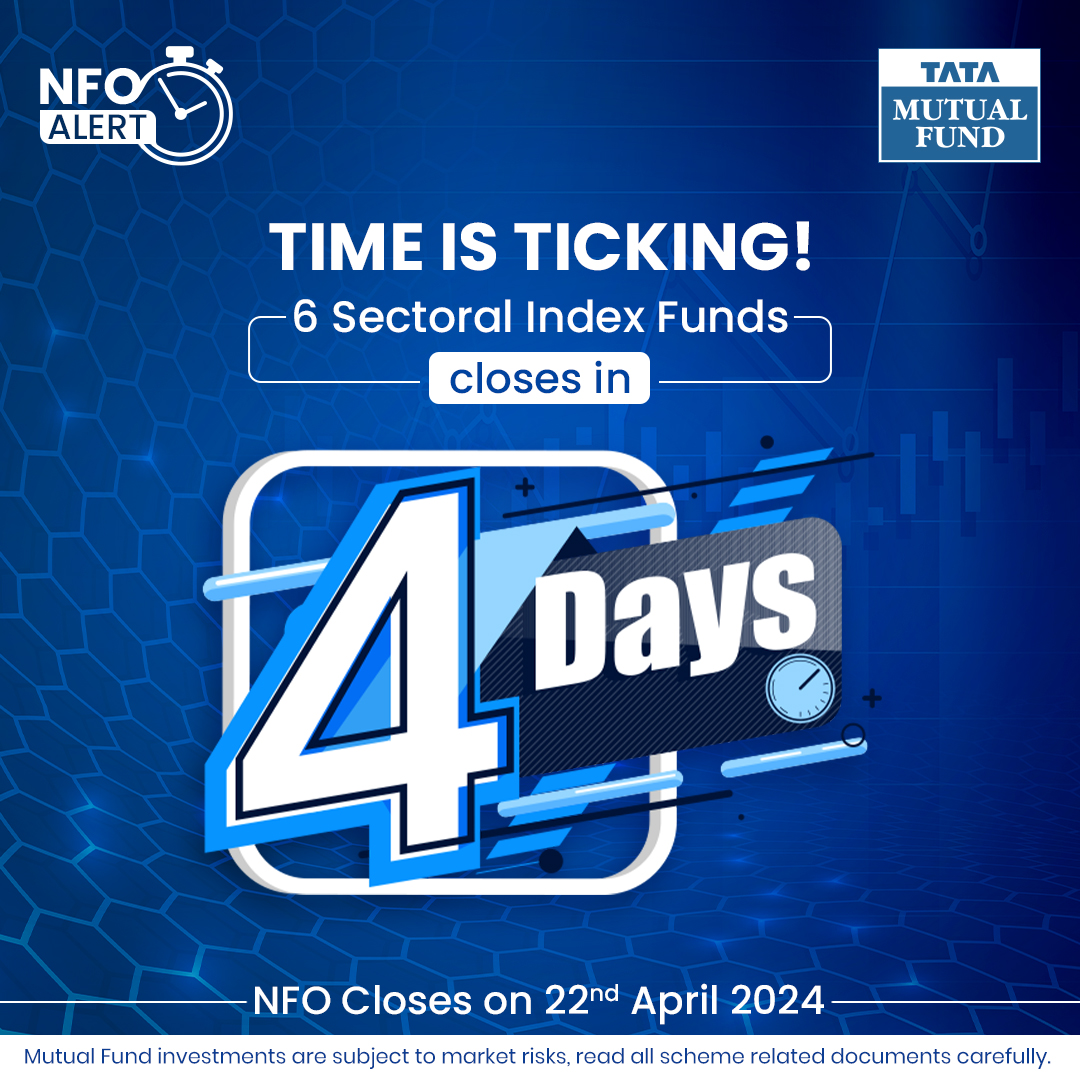 TataMutualFund's tweet photo. 6 Sectoral Index Funds Closing in 4 Days!
NFO Dates - April 8 to April 22 2024.
Don't miss out on this opportunity.
Visit the link now https://t.co/7orgEoEGRD
#TataMutualFund #IndexFunds #NFO #nfoclosessoon #MutualFund #Sectoral #TMF #newfundoffering #sectoralfunds #Finance https://t.co/lpNpgZFcJ3