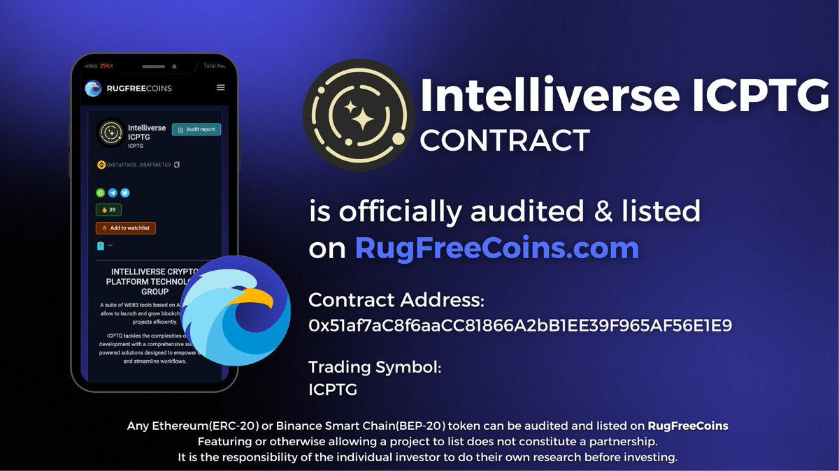 ' @ai_icptg ' has been fully audited and listed on RugFreeCoins. Scored: 8.4/10 rugfreecoins.com/coin-details/2… #Rugfreetokens #IntelliverseICPTG #AI #audit #BSC #web3 #Binance #Crypto