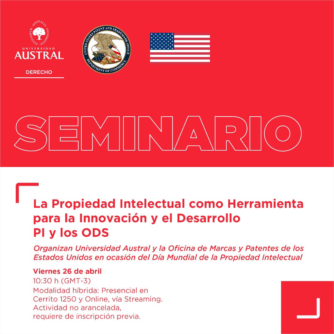 Celebrando el #DíaMundialdelaPI, te invitamos a explorar cómo la innovación y creatividad impulsadas por la propiedad intelectual pueden transformar el mundo. 

26/4, 10:30 
Seminario híbrido  
Sin cargo. Organizan @uspto y @UnivAustral  

Inscripción: bit.ly/3PQ7tSc