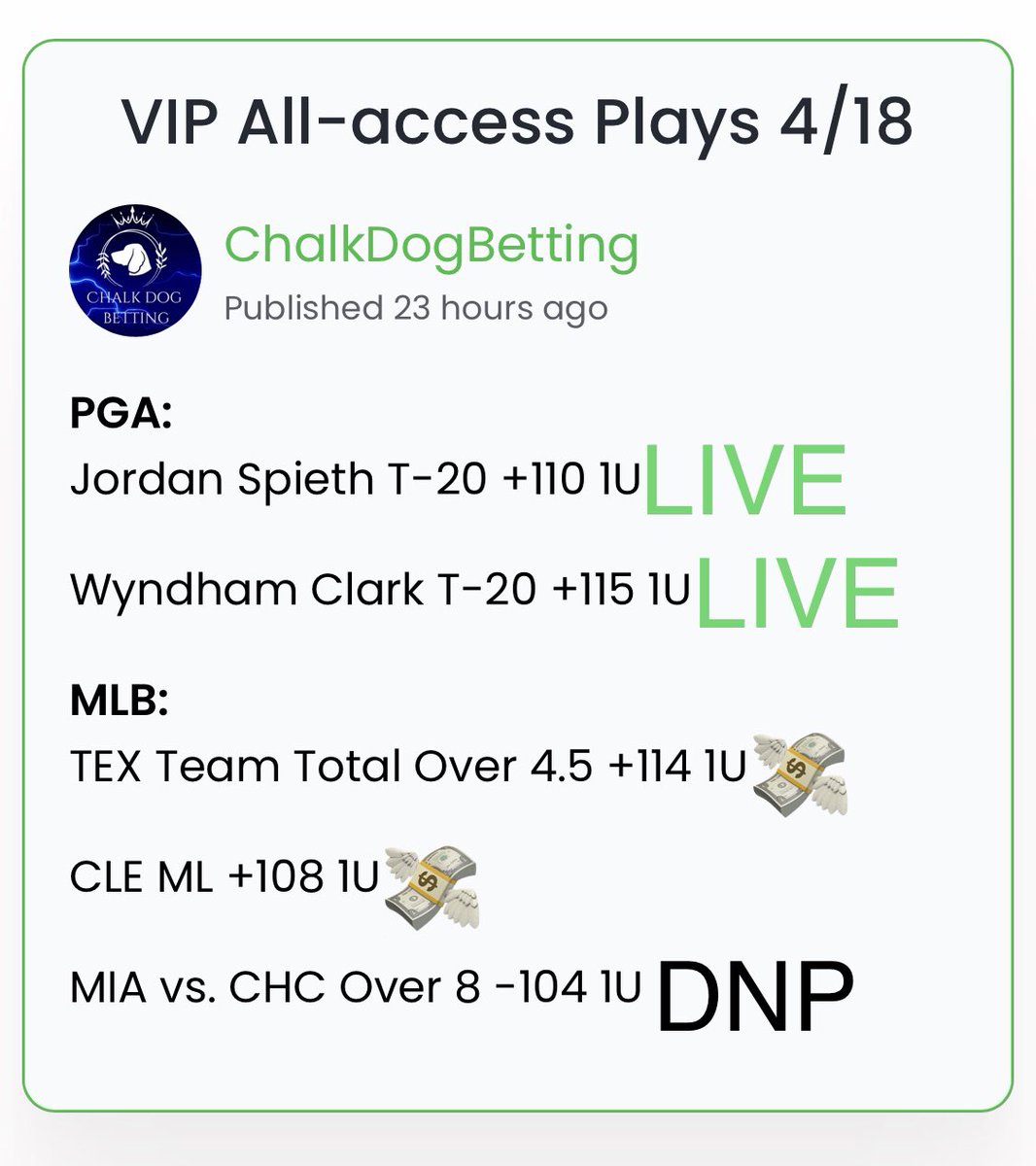 🚨VIP RECAP 4/18🚨

🔥💰(2-0) +2.22 Units💰🔥

💸YTD: (263-239-3)+37.21💸

⬇️SINCE 1/1/2022⬇️

🔥💰(1131-972-16)+300.02U💰🔥

✅SUBSCRIBE BELOW TO GET ALL OF OUR DAILY PICKS✅

bit.ly/ChalkDogBetting

#GamblingTwitter #PrizePicks #MarchMadness2024  #MLB #NCAAB #NBA