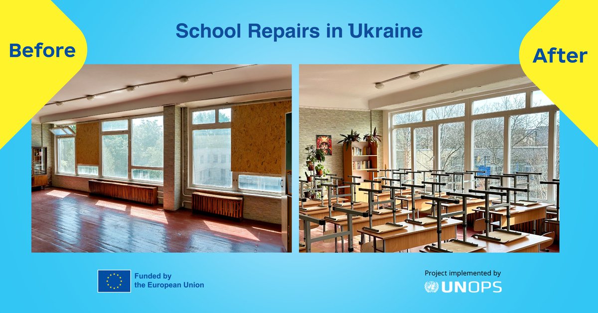 📖 Safe education is every child's right. This school in Kharkiv, damaged during the war, has been repaired and equipped with new furniture as part of the #SchoolRepairs in Ukraine project funded by the EU's @eu_echo and implemented by UNOPS.