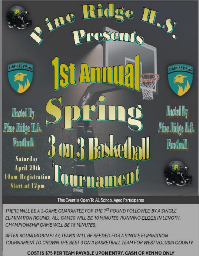 The 3v3 Basketball Tournament scheduled for this Saturday at Pine Ridge H.S. has been rescheduled for Wednesday, May 29th 4pm. Early release day...last week of school...Come BALL OUT!
