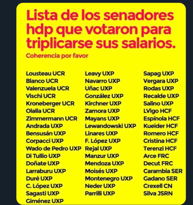 LISTA DE SENADORES QUE VOTARON PARA TRIPLICARSE SUS SUELDOS.
ESCRACHE Y MEMORIA PARA EL AÑO 2025.
#LADRONESLEGALIZADOS