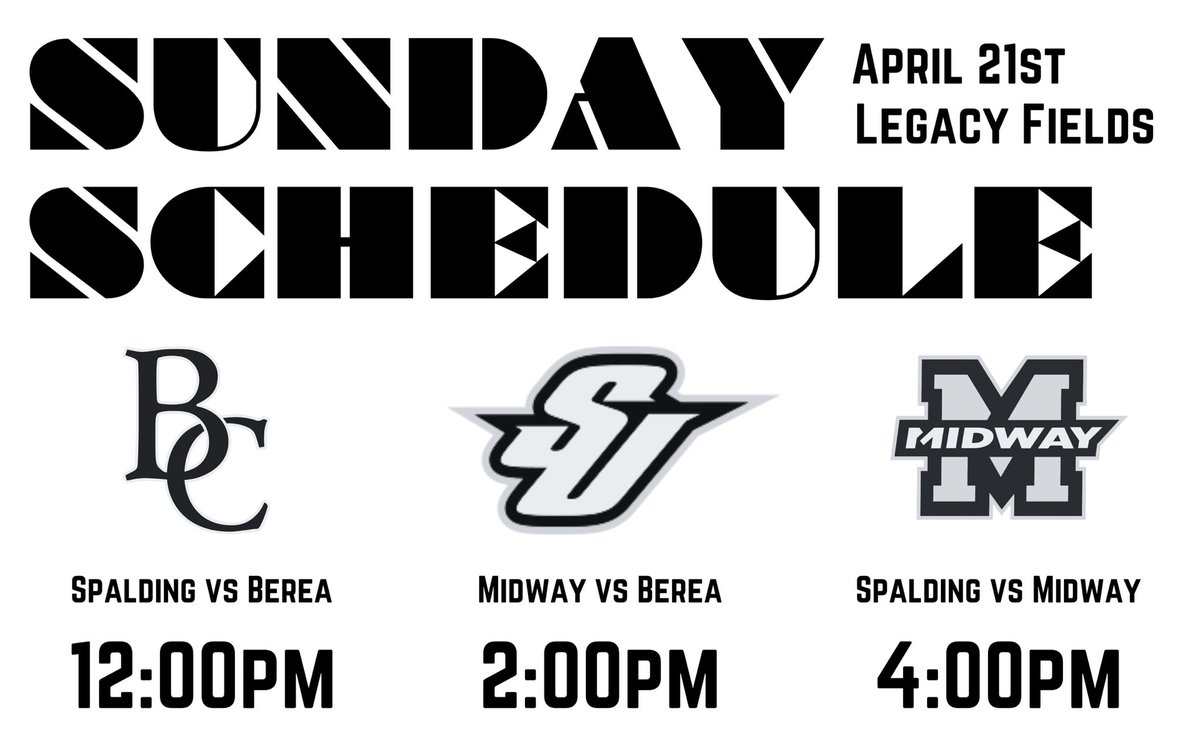 𝐒𝐔𝐍𝐃𝐀𝐘 𝐒𝐂𝐇𝐄𝐃𝐔𝐋𝐄 It’s a round of spring friendlies coming up at Legacy Fields. 𝐀𝐏𝐑𝐈𝐋 𝟐𝟏 12PM - Spalding vs Berea 2PM - Midway vs Berea 4PM - Midway vs Spalding #Spring2024