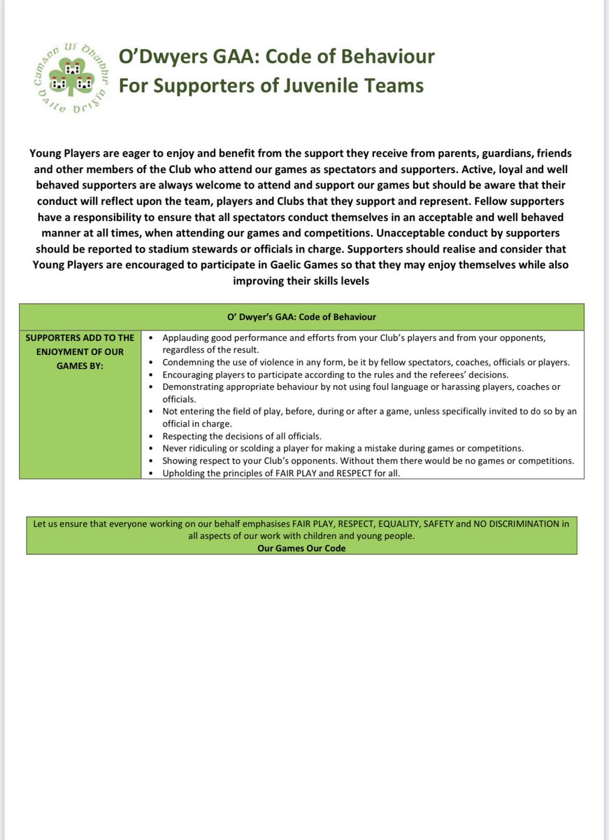 Now that rain has stopped and we are getting teams back out, we would like to remind players, parents & supporters of our club code of conduct💚