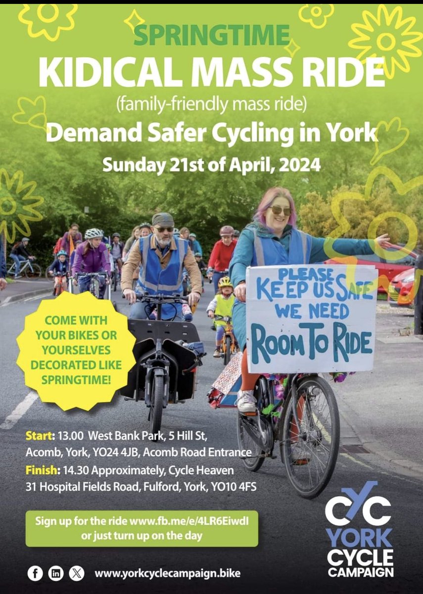 Free this Sunday &amp; looking for some outdoor fun? York Kidical Mass family-friendly cycle ride - run by <a href="/YorkCycle/">York Cycle Campaign</a> -  is starting at our very own, West Bank Park at 1pm! 🌲🌳🚴 Joining info below 👇 👇👇