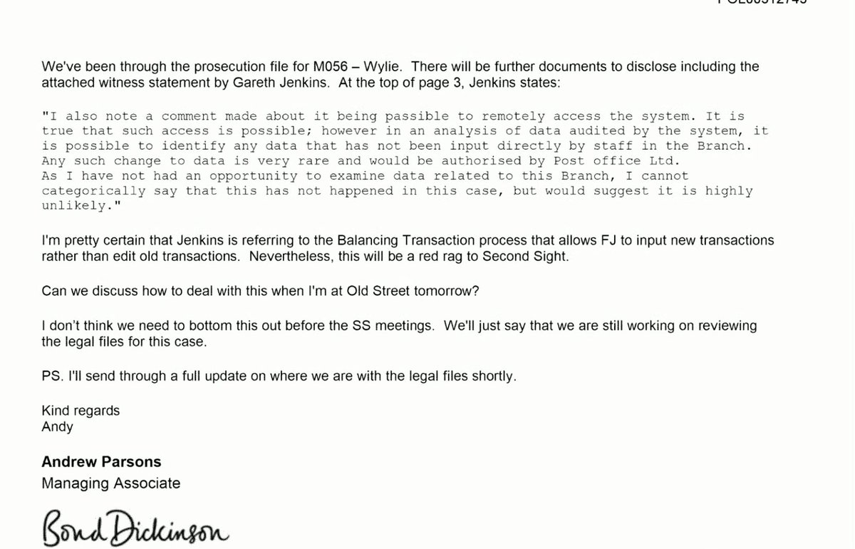 An email shown at the #PostOfficeInquiry today refers to a Gareth Jenkins witness statement - in which he explains it was possible 'to remotely access the system'. In Fujitsu's closing statement to Phase 4 of the Inquiry they give the date of GJ's statement as November 2012.