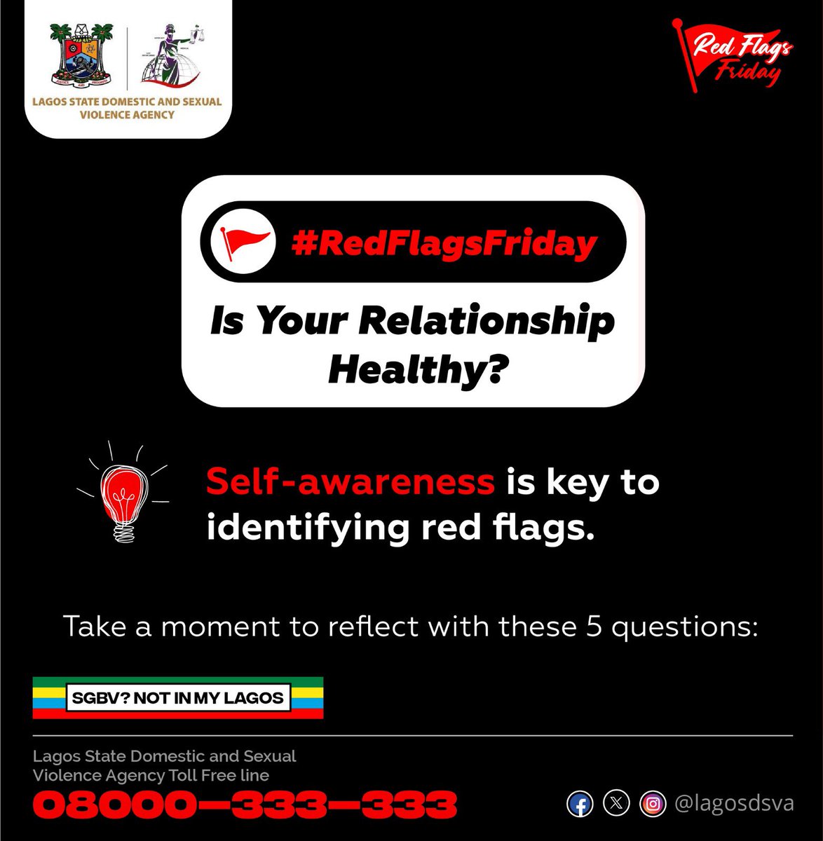 Lagosdsva's tweet photo. A Very Important Thread
⁉️5 QUESTIONS TO ASK YOURSELF TO HELP IDENTIFY RED FLAGS IN YOUR RELATIONSHIP
Take the Polls Below #RedFlagsFriday🚨 https://t.co/CnWVhXyqDY