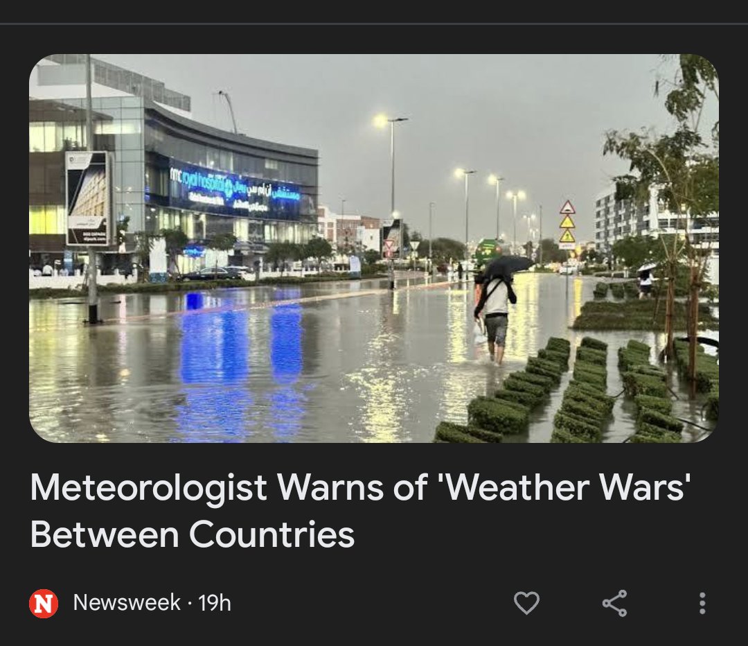Watch the water Frens 👀☕

Ameteorologist has warned of potential 'weather wars' between countries if cloud seeding gets out of hand.

The comments follow torrential rain in Dubai, the UAE, which caused extreme flooding. The downpour, which began on Monday, brought widespread…