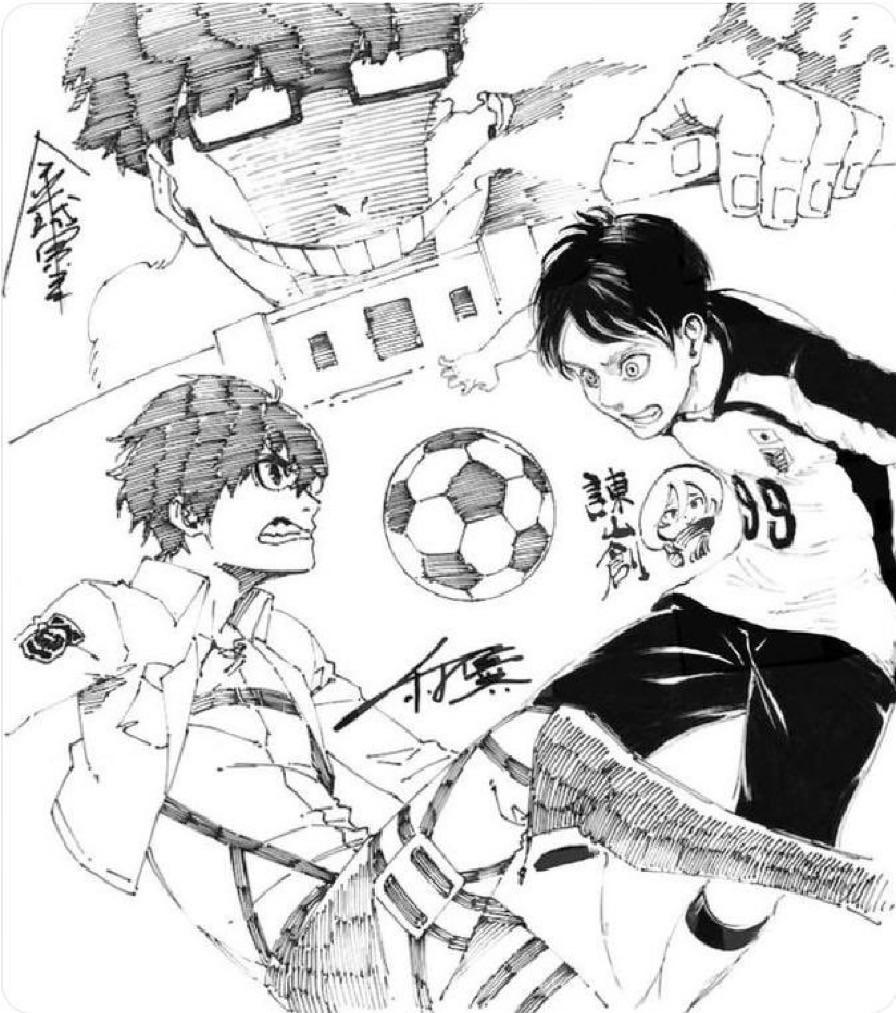 ALSO THE AUTHOR OF ATTACK ON TITAN DREW ISAGI IN THE BASTARD MÜNCHEN JERSEY !! reminds me of this old illustration of isagi and eren together