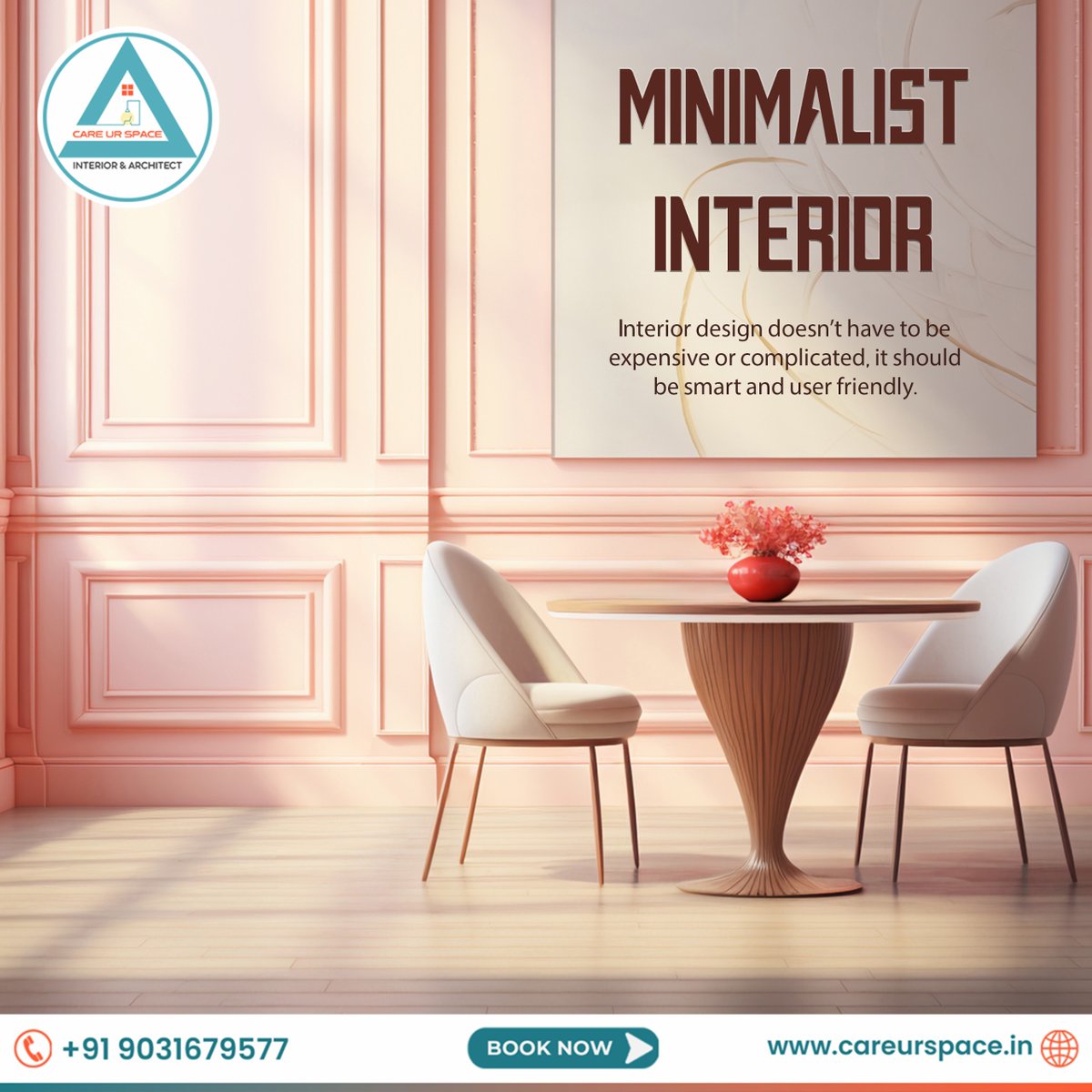 If you are one that loves #minimalisticdesigns, we might just surprise you with our approach characterised by simplicity, monochromatic colour palette and the use of texture of just a handful of essential elements. Interested?

☎+91 9031679577

#MinimalistDesign #CAREURSPACE