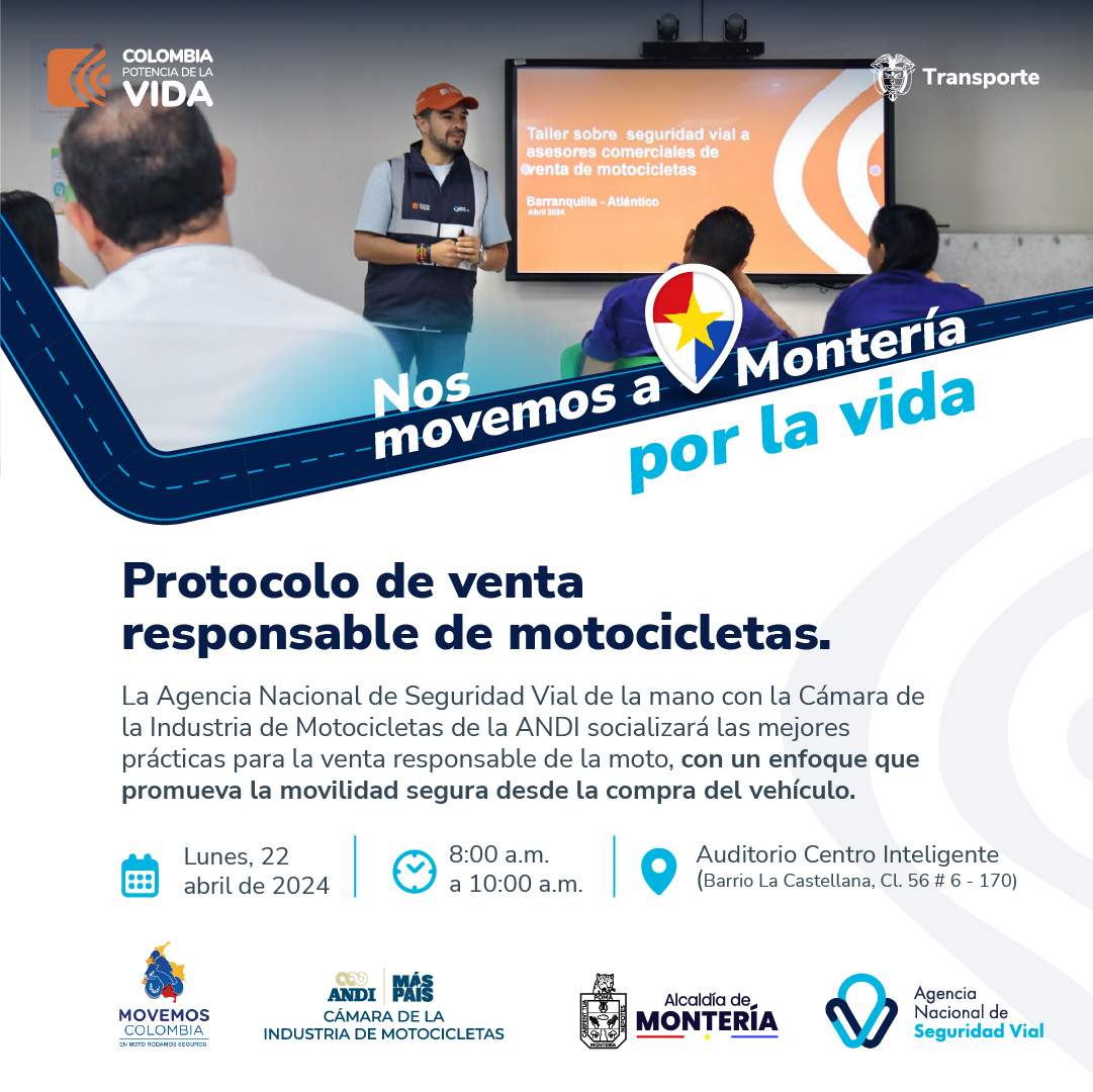 ¡En #Montería #NosMovemosPorLaVida junto a @ANDI_Motos! 🏍 Desarrollaremos taller con vendedoras y vendedores de motocicletas, con el propósito de promover las mejores prácticas para la comercialización responsable de la moto, con enfoque en #SeguridadVial 🛵 Más info 👇🏼