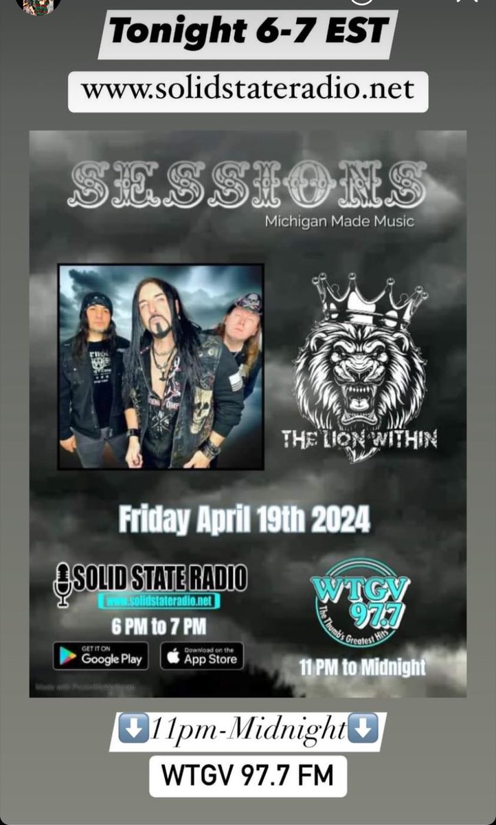TONIGHT! FRI APR 19! The Lion Within will be ⚡️live in-studio⚡️for an interview on 🎙️Solid State Radio🎙️. The show runs live from 6 to 7 pm EST Listen online at ⬇️⬇️⬇️ solidstateradio.net 📡The show then airs again on 97.7 FM WTGV from 11 pm to Midnight EST.📡 #radio