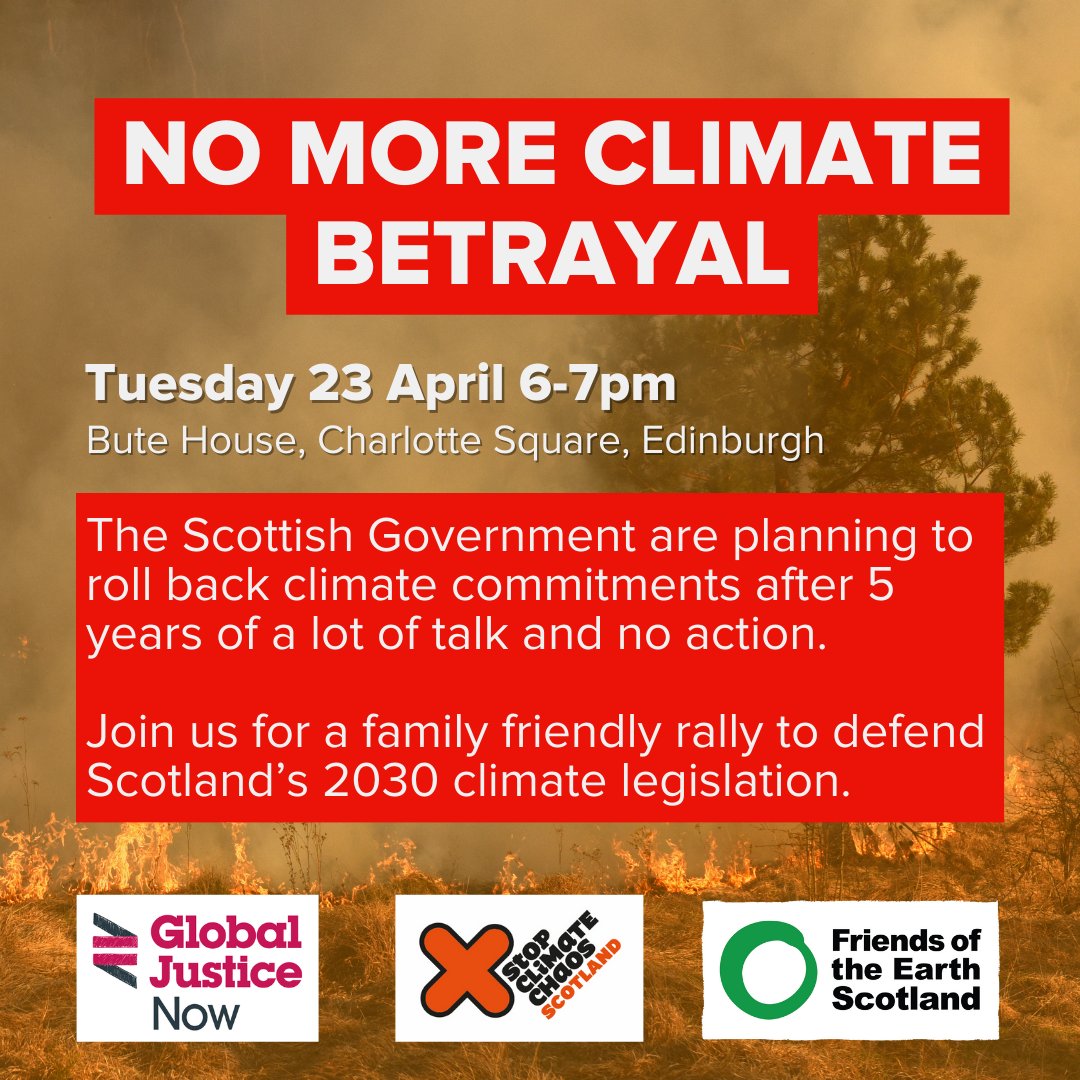 Yesterday we heard @scotgov plans to weaken the rightly ambitious climate targets we fought so hard for just five years ago. Join us outside Bute House on Tuesday to call for action to be ramped up, not watered down 👇