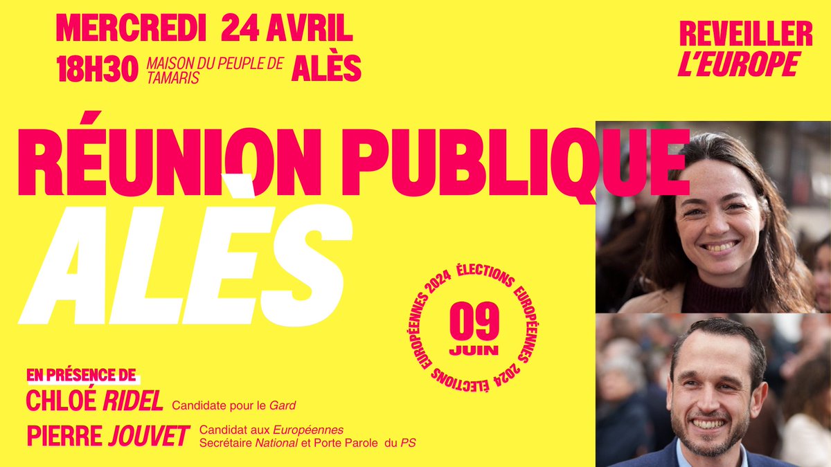 Rendez-vous le mercredi 24 avril à #Alès pour rencontrer @ChloeRidel  et @PJouvet , candidats pour les élections Européennes du 9 juin prochain sur la liste menée par @rglucks1 #ReveillerLEurope rassemblant @partisocialiste  et @placepublique_ 🌹💪🌹👍