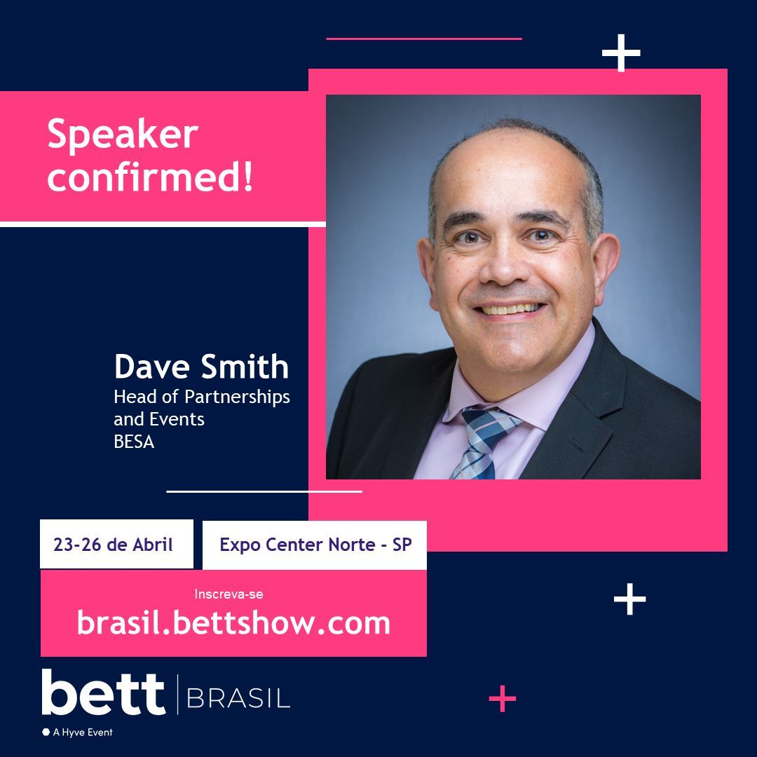 1 week to go! If you’re attending #BettBrasil this year, don’t miss BESA Head of Partnerships and Events @davesmithict at the Startup Arena on 26 April at 3.30PM. Dave will be talking all things international innovation & startups alongside Fernando Valenzuela and Emilio Munaro.