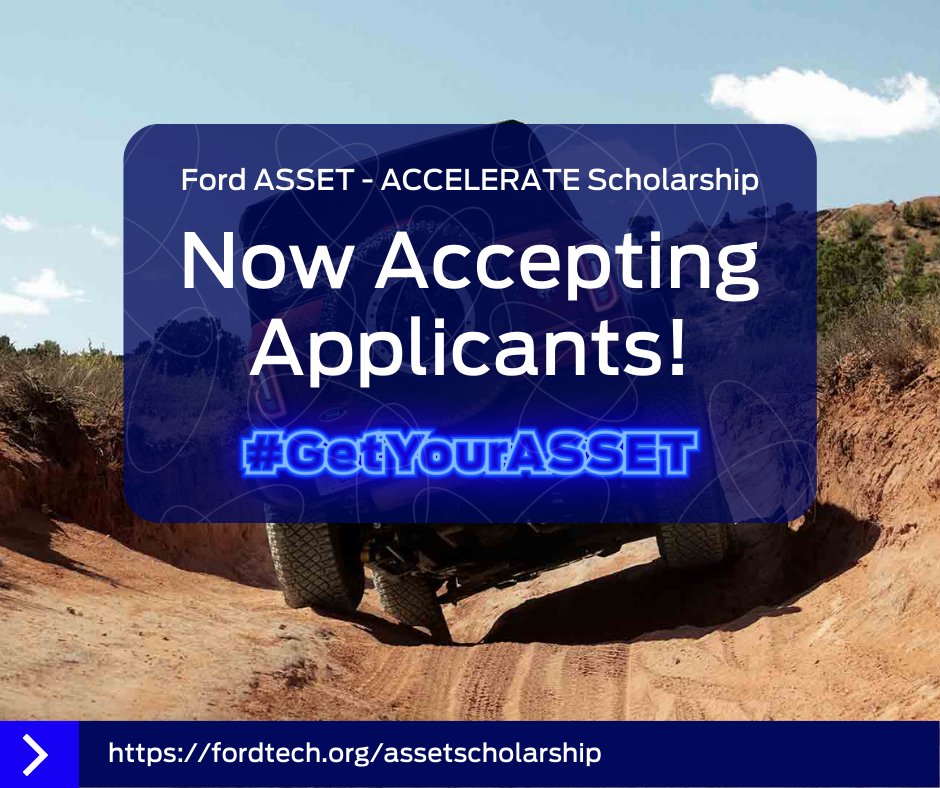#GetYourASSET with the Ford ASSET - ACCELERATE Tuition Scholarship! 🎓💰 Apply to be eligible to win $1,000 towards the completion of your ASSET program! ➡ fordtech.org/assetscholarsh… *#Scholarships are awarded monthly, year-round