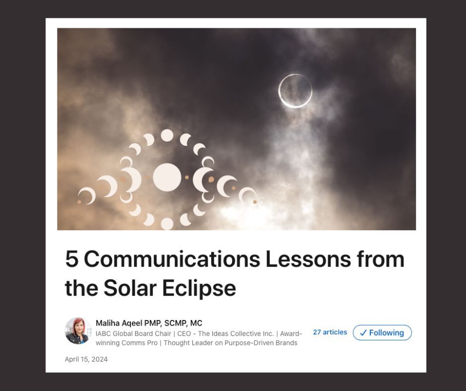 Takeaways from last week’s celestial spectacle? 🌒🤩 Maliha Aqeel, #IABC International Board Chair, reflects in her latest LinkedIn blog post, “5 Communications Lessons from the Solar Eclipse.”  Please read her piece at: buff.ly/49G4gvg #IABCDC #IABCHeritageRegion