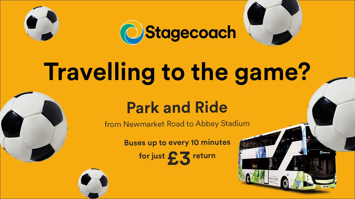 Travelling to the game? Try our direct service between Newmarket Park & Ride and The Abbey Stadium. Park up for free and enjoy a smooth ride to the stadium with a £3 matchday return ticket - available only on Match Day.  

#matchday #stagecoach #parkandride