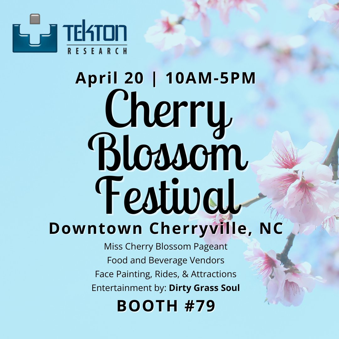 Reminder! Join Tekton Research tomorrow, April 20, at the Cherryville’s Chamber of Commerce Cherry Blossom Festival from 10 am to 5 pm. 🌸

 #CherryBlossomFestival #Cherryville #MakingLifeBetter