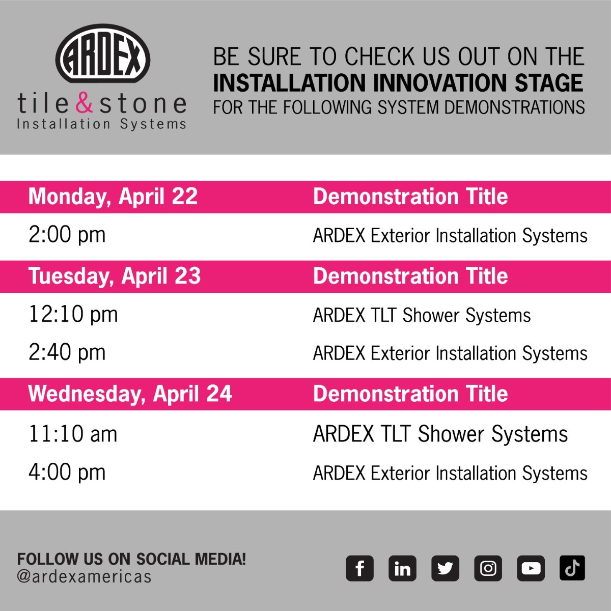 🎉 Going to Coverings?? 🤩 Stop by the Installation Innovation Stage for some exciting ARDEX System demonstrations! 🔍 Check out our schedule below. 📅 Hope to see you there!! 😁 #ARDEXAmericas #Coverings2024 #ARDEXExterior #ARDEXTLT