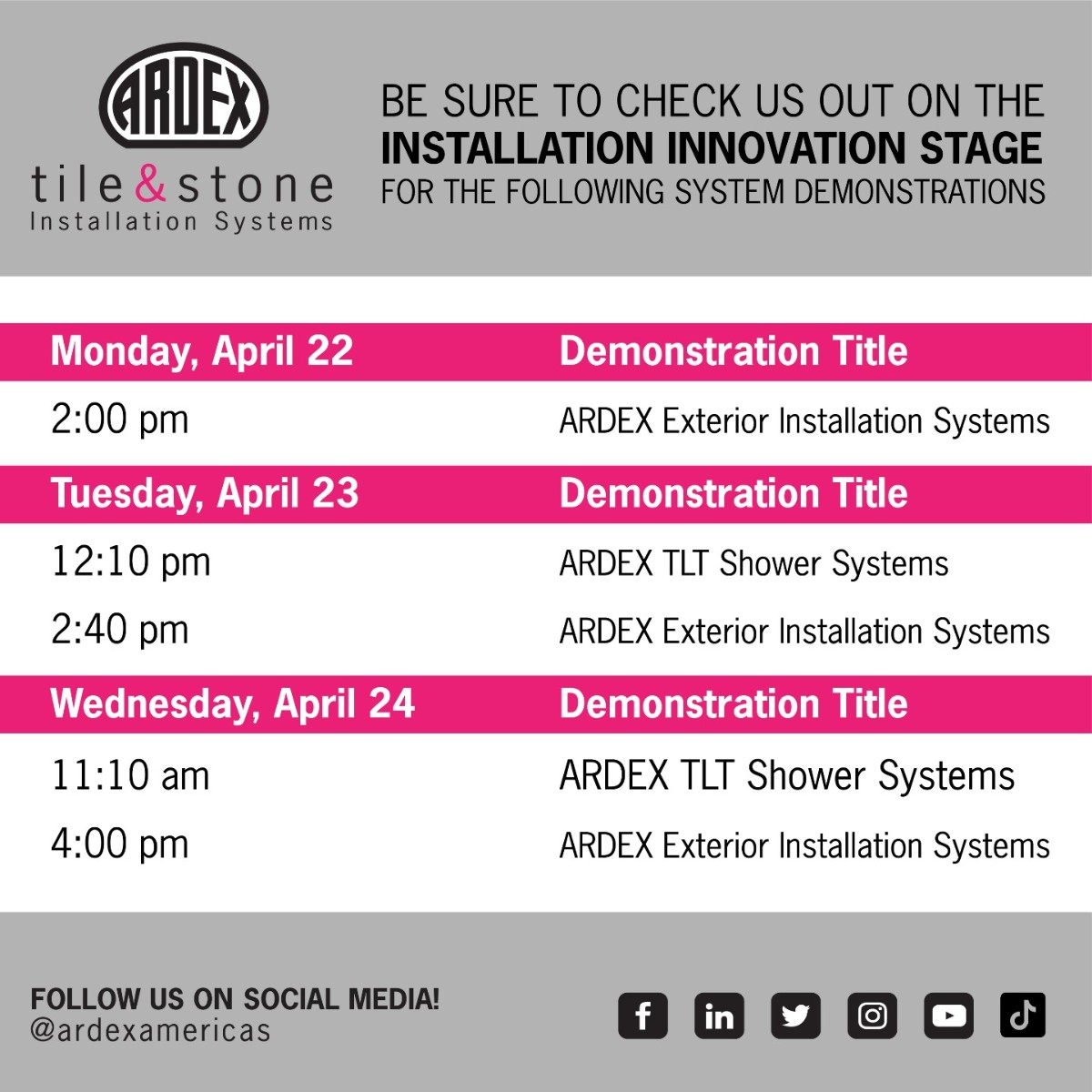 🎉 Going to Coverings?? 🤩 Stop by the Installation Innovation Stage for some exciting ARDEX System demonstrations! 🔍 Check out our schedule below. 📅 Hope to see you there!! 😁

#ARDEXAmericas #Coverings2024 #ARDEXExterior #ARDEXTLT