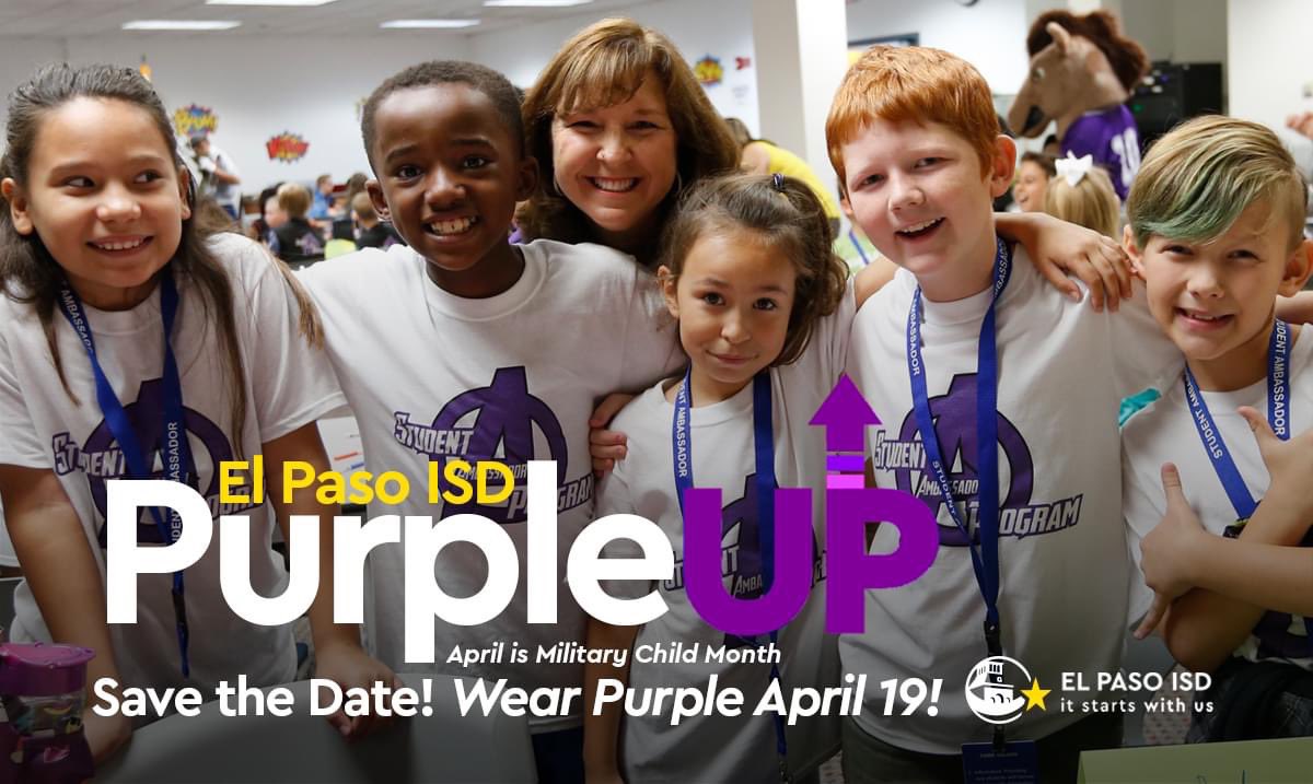 Don't forget to wear purple today, April 19, to celebrate military kids!💜 Thank you to our military families for being part of El Paso’s District!🌟 #ItStartsWithUs #BraveBullsSpirit