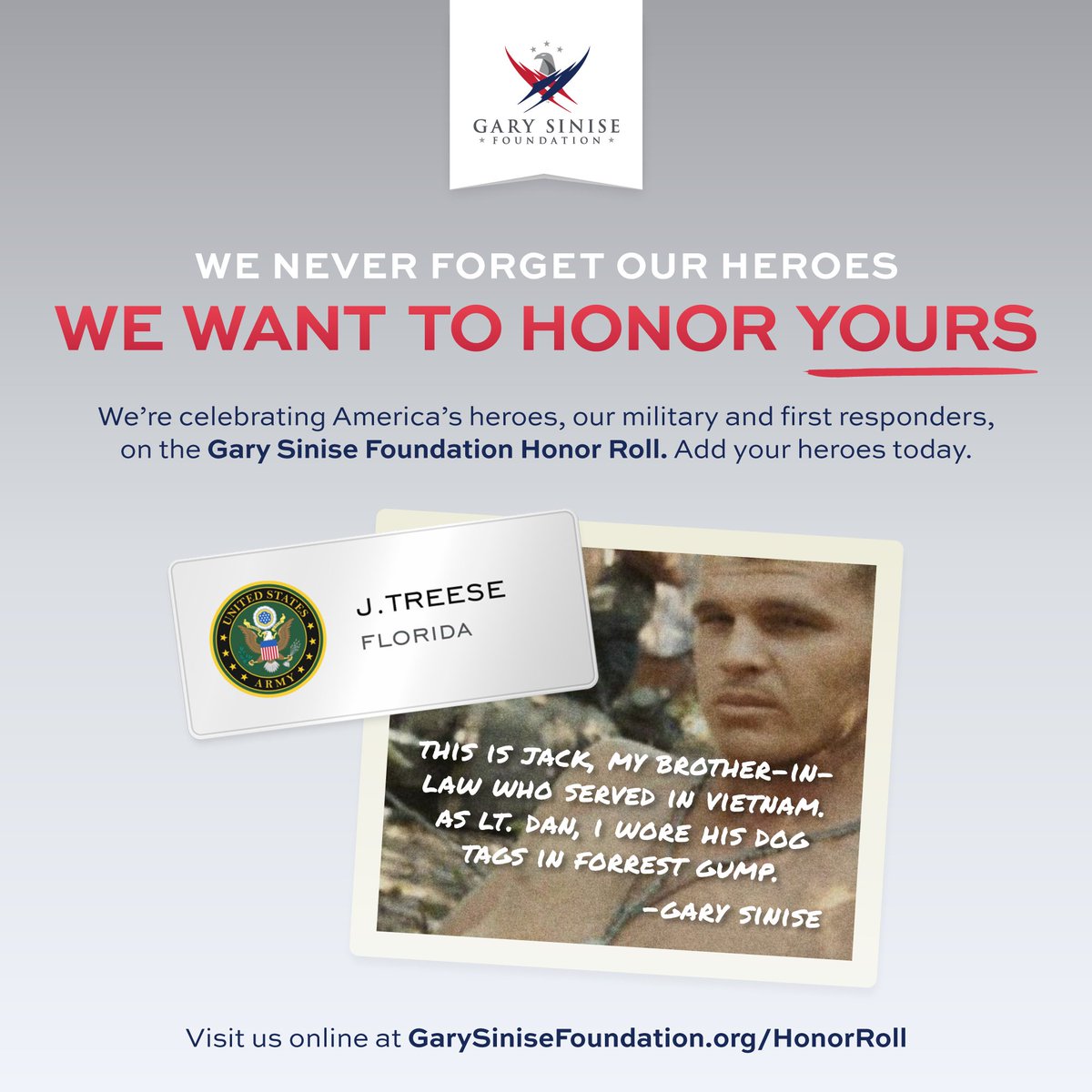 Join @GarySinise and honor those in your life who have served our country and communities by preserving their names on our Gary Sinise Foundation Honor Roll. Click on the link provided to honor your hero today: bit.ly/3F7PqC6