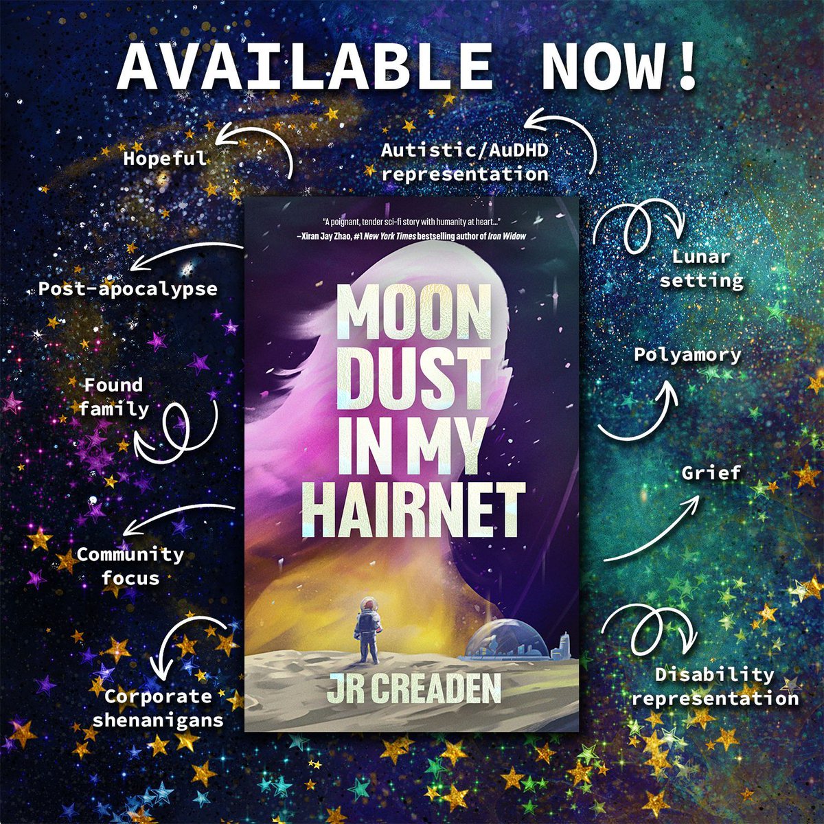 Happy #BookBirthday to @JessCreaden's Moon Dust in My Hairnet! 🤩 🥳 🎉 

Find out more and grab your copy today: buff.ly/3vYrX4l 

#newreleases #2024debuts #outnow #booktwitter #scifibooks #neurodiversity #autism #audhd #diversereads #lgbtqbooks #bisexualbooks #hopepunk