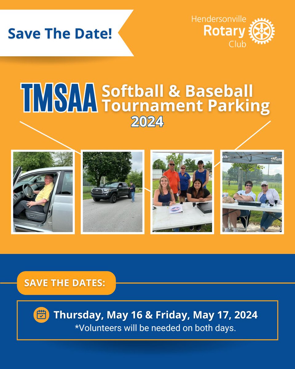Hendersonville Rotarians! Calling all volunteers to valet cars at the TMSAA Championship Tournament (May 16th & 17th) at Drakes Creek! Support our community & help us raise funds for our programs.
#hendersonvillerotary #serviceaboveself #hendersonvilletn