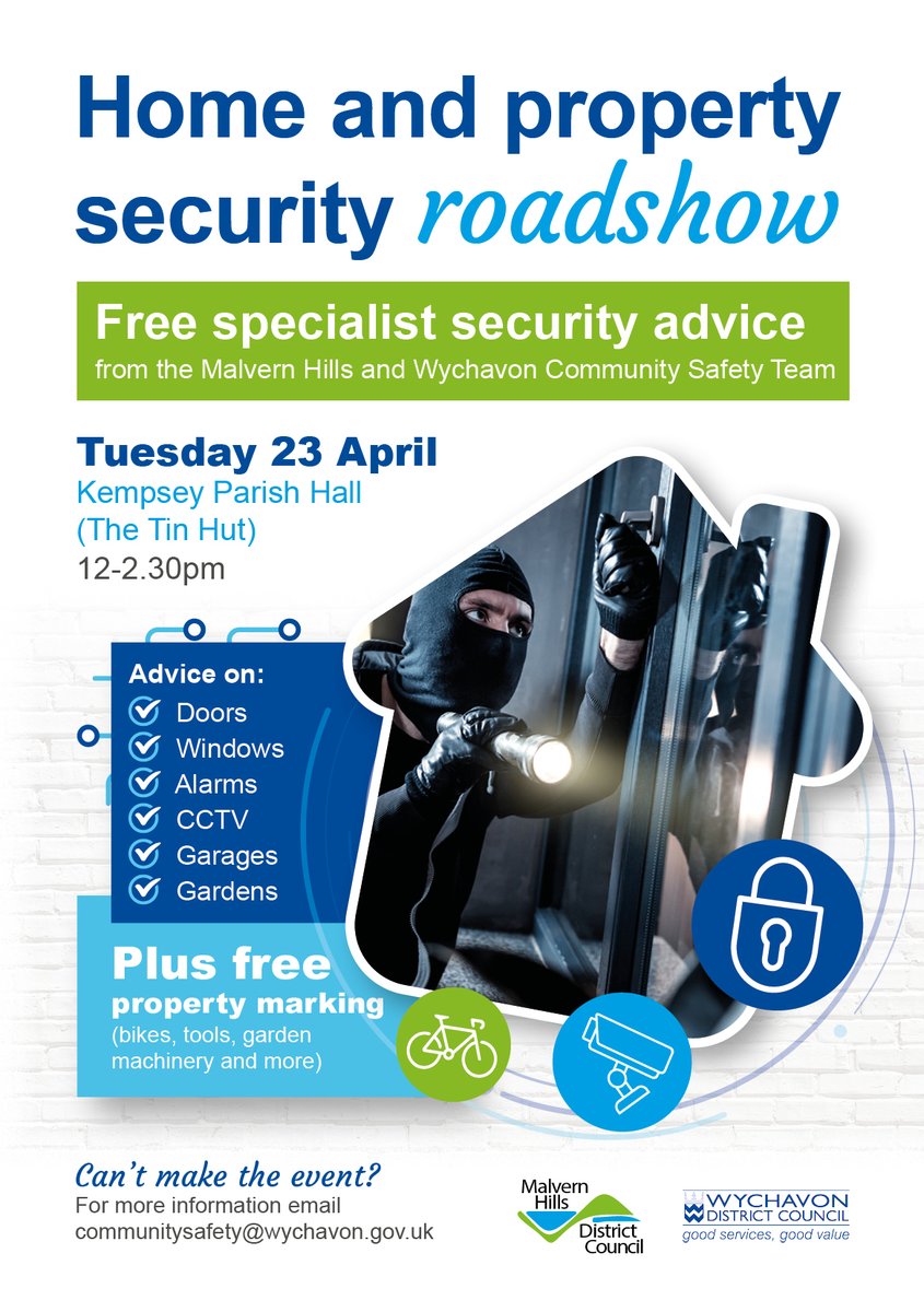 Come along to the Home & Property Security Roadshow at Kempsey Parish Hall, WR5 3JF  Tuesday 23rd April 2024, 12pm - 2:30pm for Crime prevention advice & property marking from @MalvernHillsDC   and local officers. #saferhomes #PolicingPromise 👮🏼‍♂️ 3879