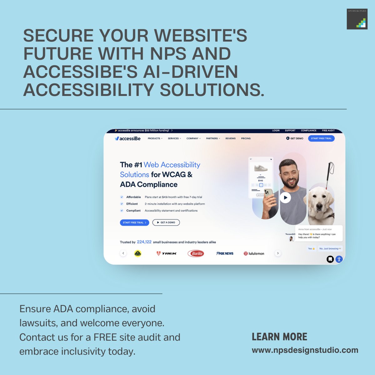Secure your website's future with NPS and accessiBe's AI-driven accessibility solutions. Ensure ADA compliance, avoid lawsuits, and welcome everyone. Contact us for a FREE site audit and embrace inclusivity today. #WebAccessibility #ADACompliance #NPSDesignStudio