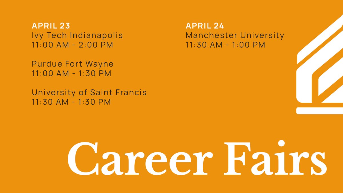 We'll be at @IvyTech_Indy, @purduefw, @USFFW, and @ManchesterUniv next week. We can't wait to meet you! 😃 #AscendNetwork #jobs #internships #careerfairs