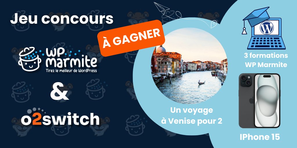 JusteYvesLedjou's tweet photo. 🎉 JEU CONCOURS @wpmarmite et @o2swicth !

👏Pour la 100ᵉ édition de leur newsletter !

🎁 Lot :
- Un voyage pour 2 pers. à Venise - 1 iPhone 15 - 3 formations WPMarmite

Pour participer : (infos en 1er commentaire)

📅  Délai limité au 22 avril 2024, 23h59 https://t.co/qDZhanPOrF