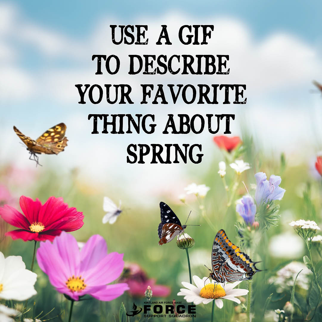 🦋🦋🌸🌸What is your favorite thing about spring time, #TeamKirtland?🌸🌸🦋🦋

Let's see those GIFs down below👇👇

#377FSS #KirtlandForceSupport #SpringIsInTheAir #SpringTime