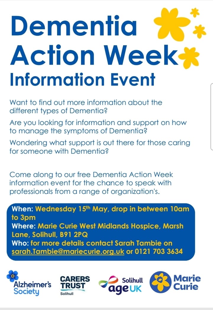 We will be attending Marie Curie's Information event for #DementiaActionWeek. Do you care for someone with Dementia? Come along and find out what support is available. #Dementia #alzheimers #carers
