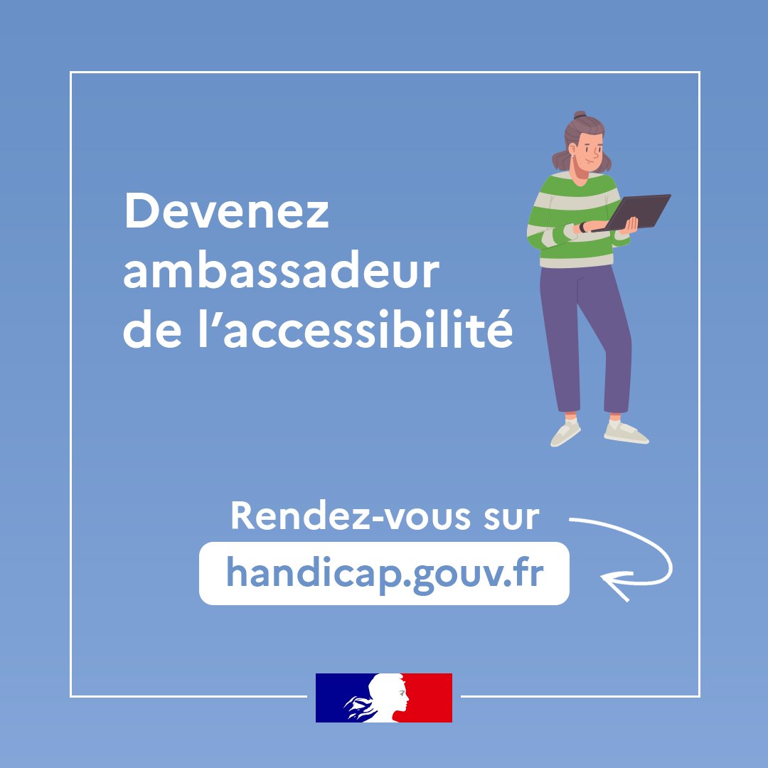 #Recrutement | Vous souhaitez devenir ambassadeur de l’#accessibilité ? 📣En savoir plus sur le programme➡️handicap.gouv.fr/accessibilite-…
Trouvez votre mission d'ambassadeur partout en France sur 👉 service-civique.gouv.fr