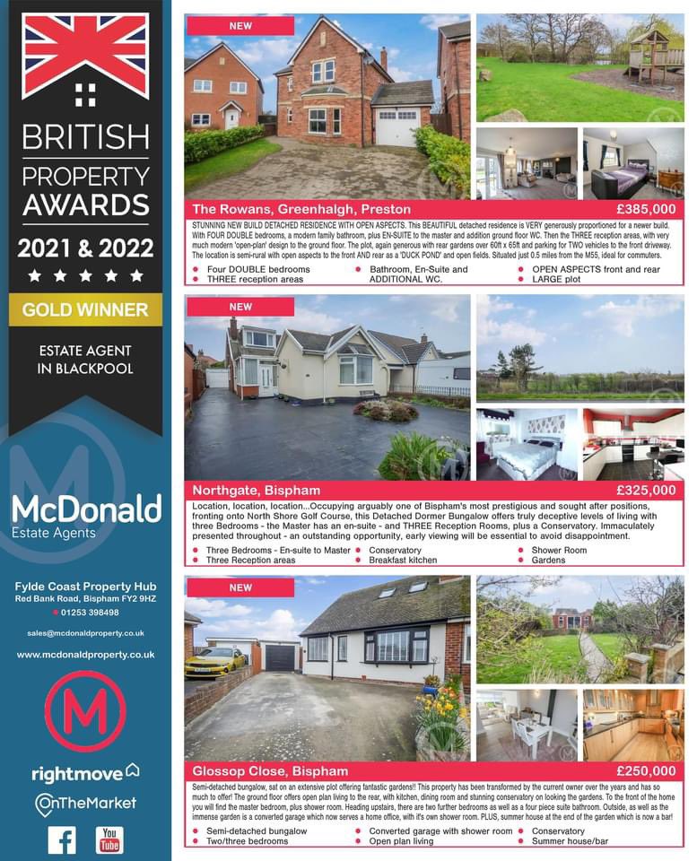 Check out a stunning trio of properties from McDonald Estate Agents
Thinking of Selling?
Call a Top Selling Agent in your area! 
Fees from just £999 inc vat.
McDonald Estate Agents  Tel: 01253 398 498.

#selling #homes #property #blackpool #lancashire #northwest #coastal #bispham