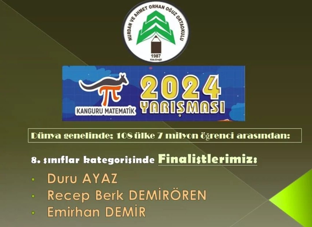 eregli67mem's tweet photo. Fransa merkezli "Kangourou Sans Frontieres"Derneğine bağlı ve bu yıl 108 ülkeden 7 milyon  öğrencinin katıldığı Uluslararası Kanguru Matematik Sınavında 
 finallere katılmaya hak kazanmıştır   öğrencilerimize finallerde başarılar dilerim.

Harun AKGÜL 
İlçe Milli Eğitim Müdürü https://t.co/6bstRufBy8