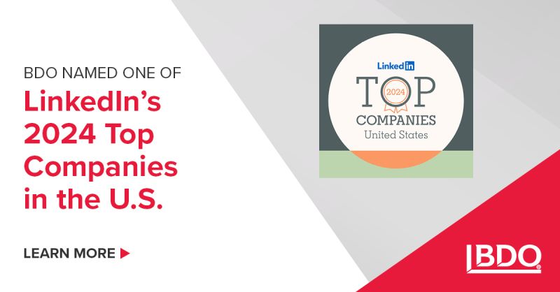 #BDOProud! BDO ranked on the 2024 LinkedIn Top Companies List in the U.S., featuring the top 50 workplaces in the country that prioritise skills development and career advancement. See the full list. #LinkedInTopCompanies ow.ly/7mFI50RiMpl