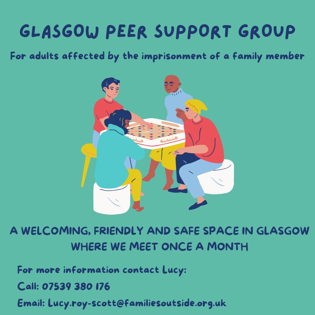 Join our monthly Glasgow support group for adults who have been impacted by imprisonment! 😊 It's a chance to connect with others - and tea/coffee are provided! ☕ For more info contact Lucy on 07539 380176 / lucy.roy-scott@familiesoutside.org.uk