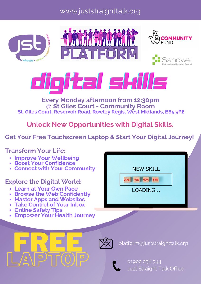 Just Straight Talk are hosting a Digital Skills session every Monday from 12:30pm at the St Giles Court Community Room! You can get a FREE touchscreen laptop, for more information email platform@juststraighttalk.org or call 01902 256 744.