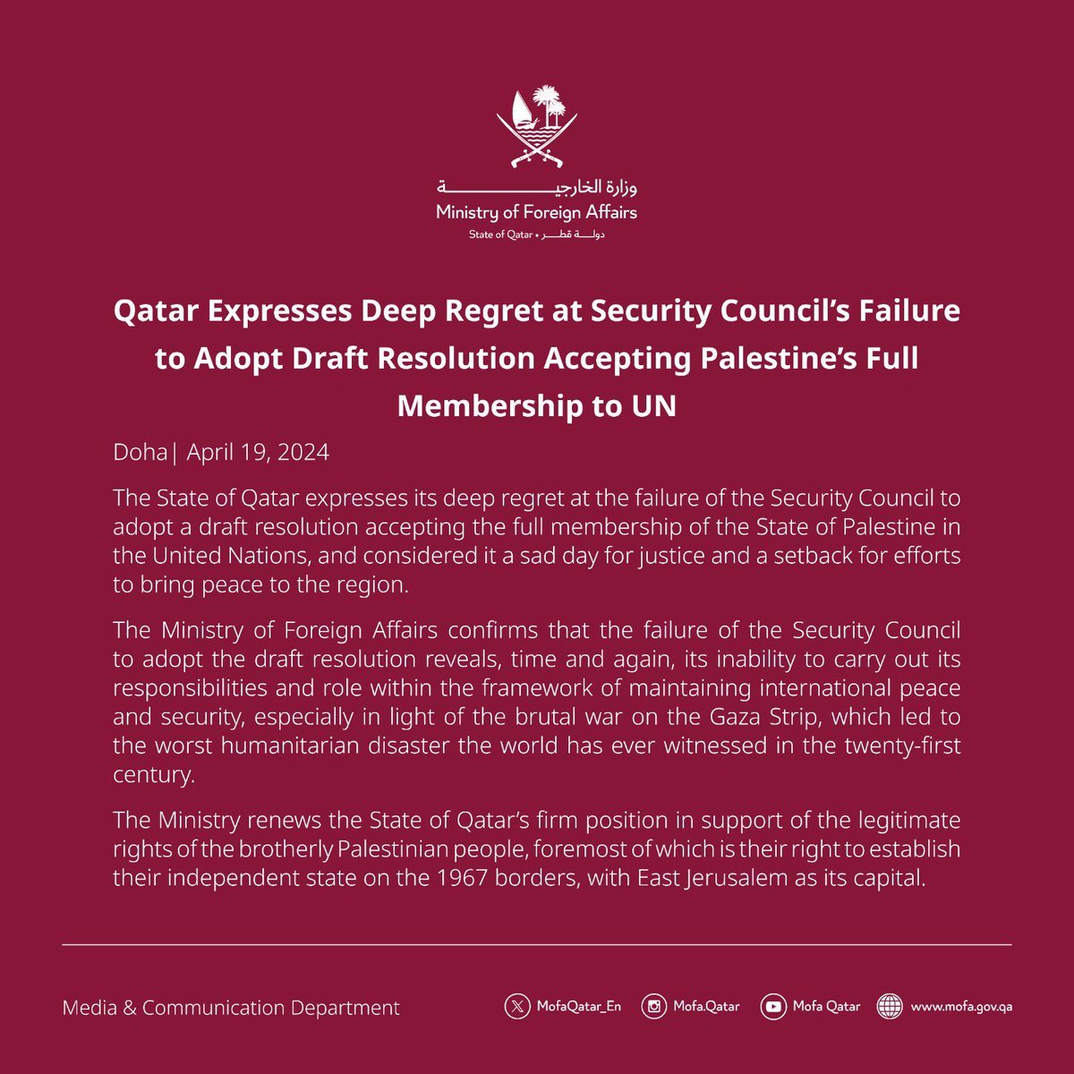 Statement | Qatar Expresses Deep Regret at Security Council’s Failure to Adopt Draft Resolution Accepting Palestine’s Full Membership to UN #MOFAQatar