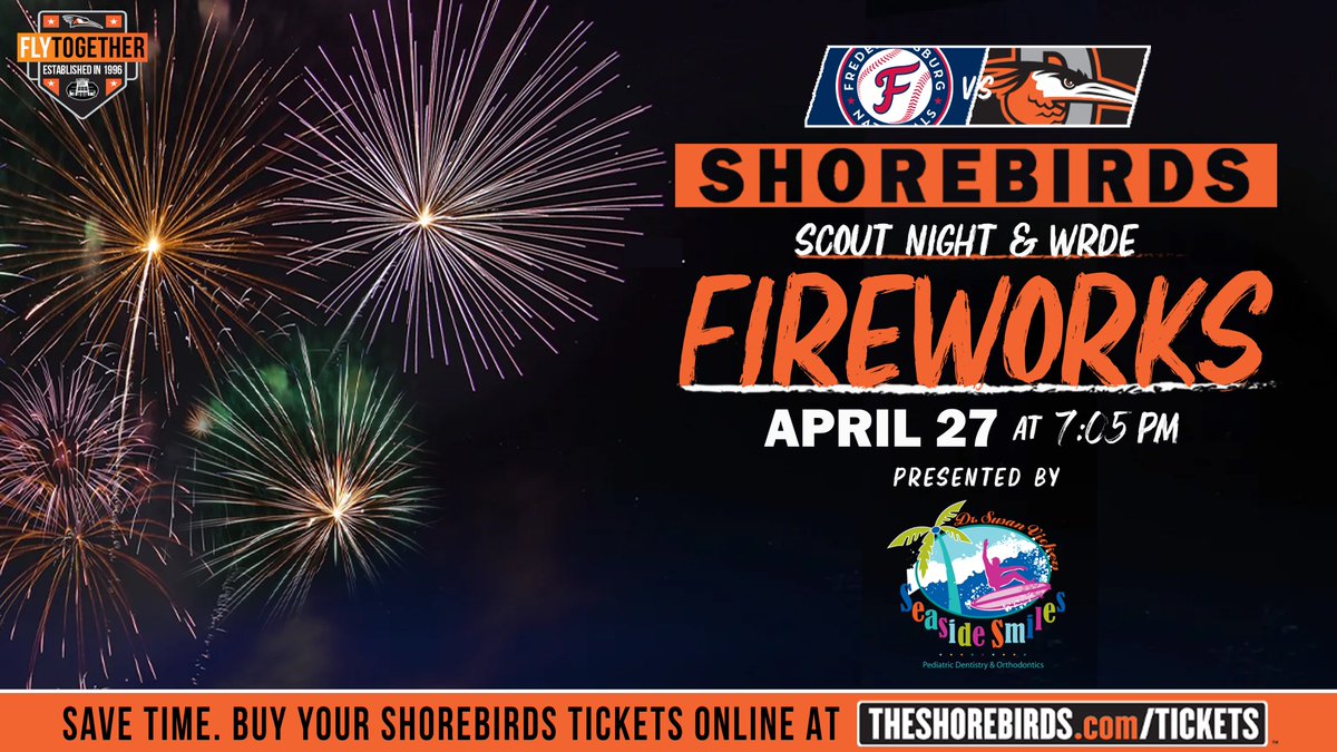 Saturday, April 27, it's Scout Night with WRDE Fireworks after the game presented by Dr. Susan Vickers at Seaside Smiles! Save time, buy YOUR tickets online 👇 Buy Tickets 👉 bit.ly/3HXnktz #FlyTogether | #Birdland
