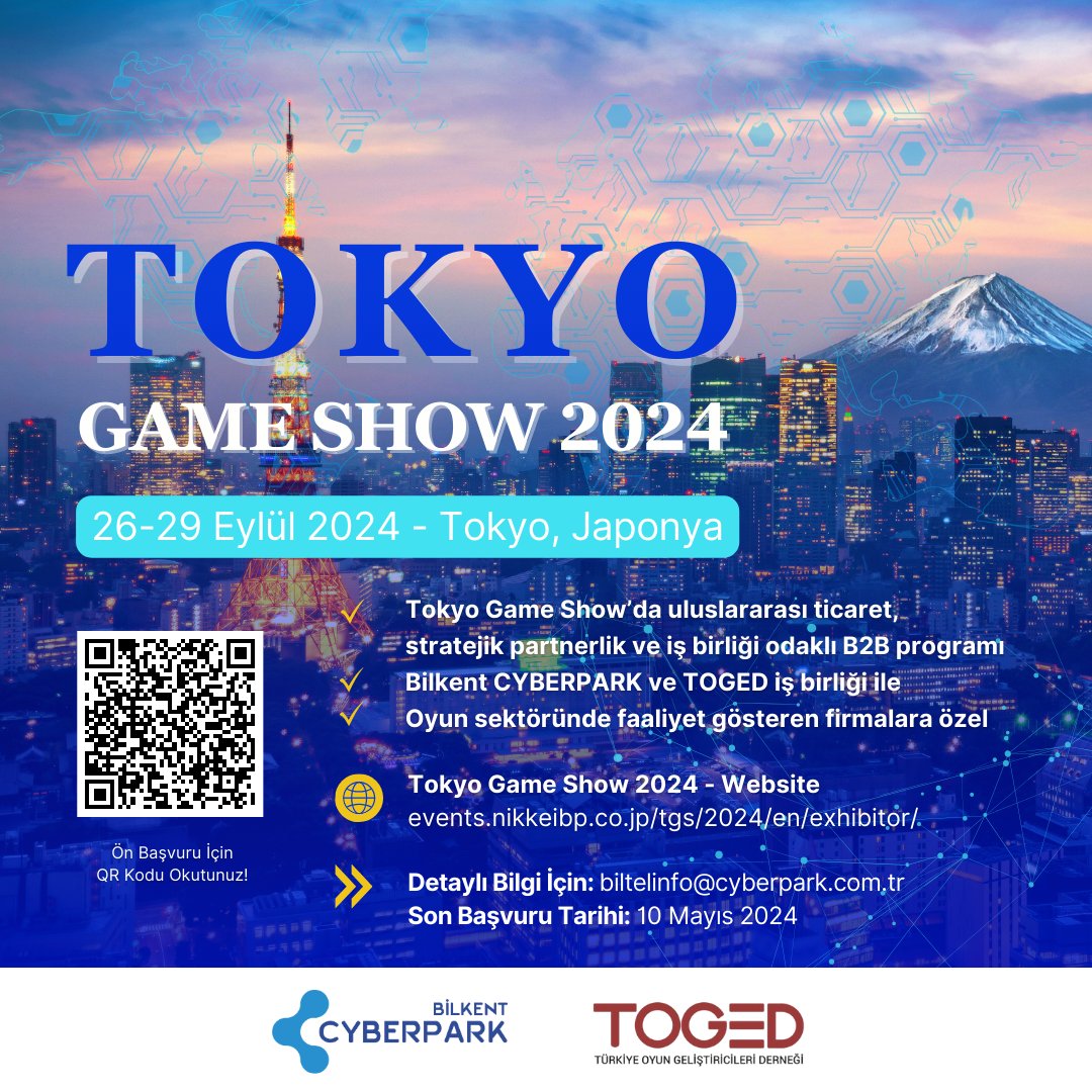 Bilkent CYBERPARK ve TOGED iş birliği ile Tokyo Game Show 2024’e davetlisiniz! 🚀 Oyun sektöründe faaliyet gösteren firmalara özel uluslararası ticaret, stratejik partnerlik ve iş birliği odaklı B2B fırsatları sizi bekliyor. 👉 Ön Başvuru İçin: bit.ly/3W0KZSj