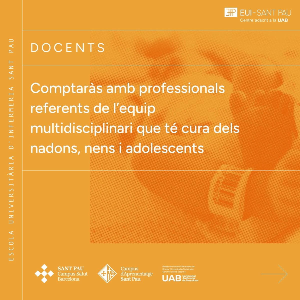 Màster atenció d'infermeria al nen i l'adolescent Adquirir coneixements i habilitats per actuar i contribuir a l'excel·lència en les cures que es donen al nen i l'adolescent en totes les etapes del procés. Més informació en el nostre web : eui.santpau.cat/web/public/ate…