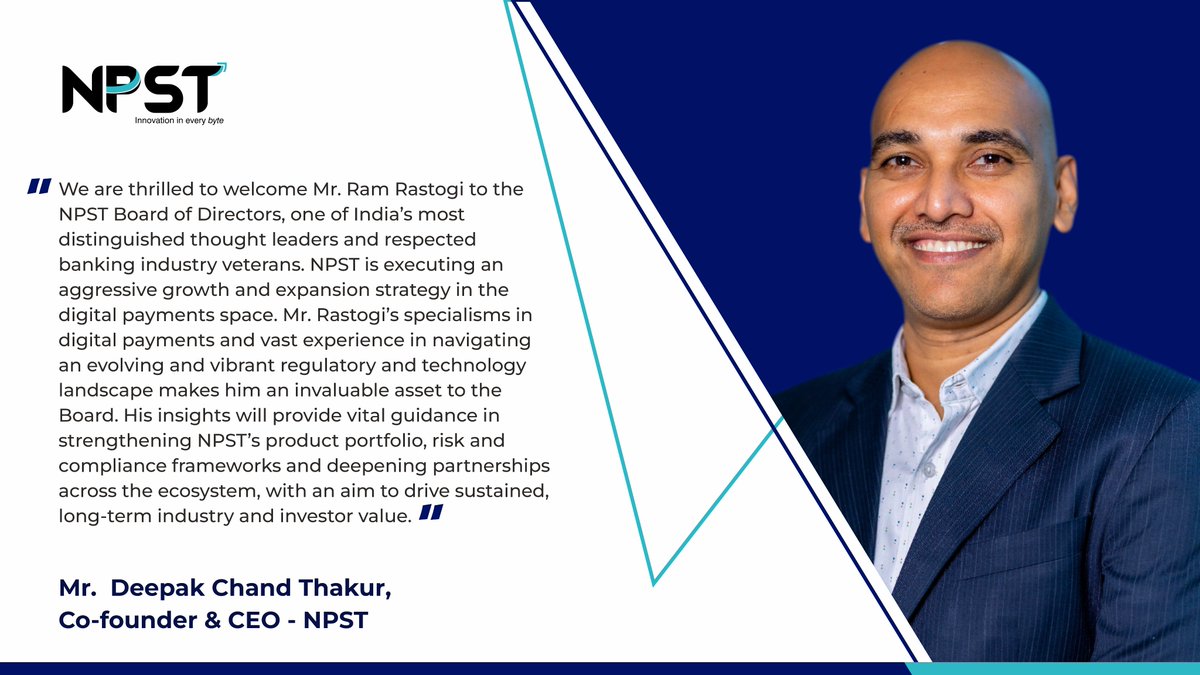 Our Co-Founder & CEO, Mr. Deepak Chand Thakur welcomes Mr. Ram Rastogi 🇮🇳 on the board.

#NewBoardMember #WelcomeAboard #TeamExpansion #LeadershipTeam
#CompanyGrowth #NPST #Boardmember #Boardexpansion