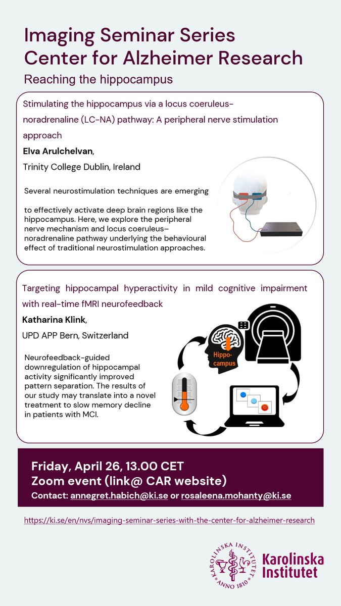 Next week @CAR_Karolinska 🧠 imaging seminar for April is excited to welcome Elva and Katharina, who will provide a neuroimaging perspective on how to reach the hippocampus. Feel free to reach out to @annegret_habich or me for the zoom link!