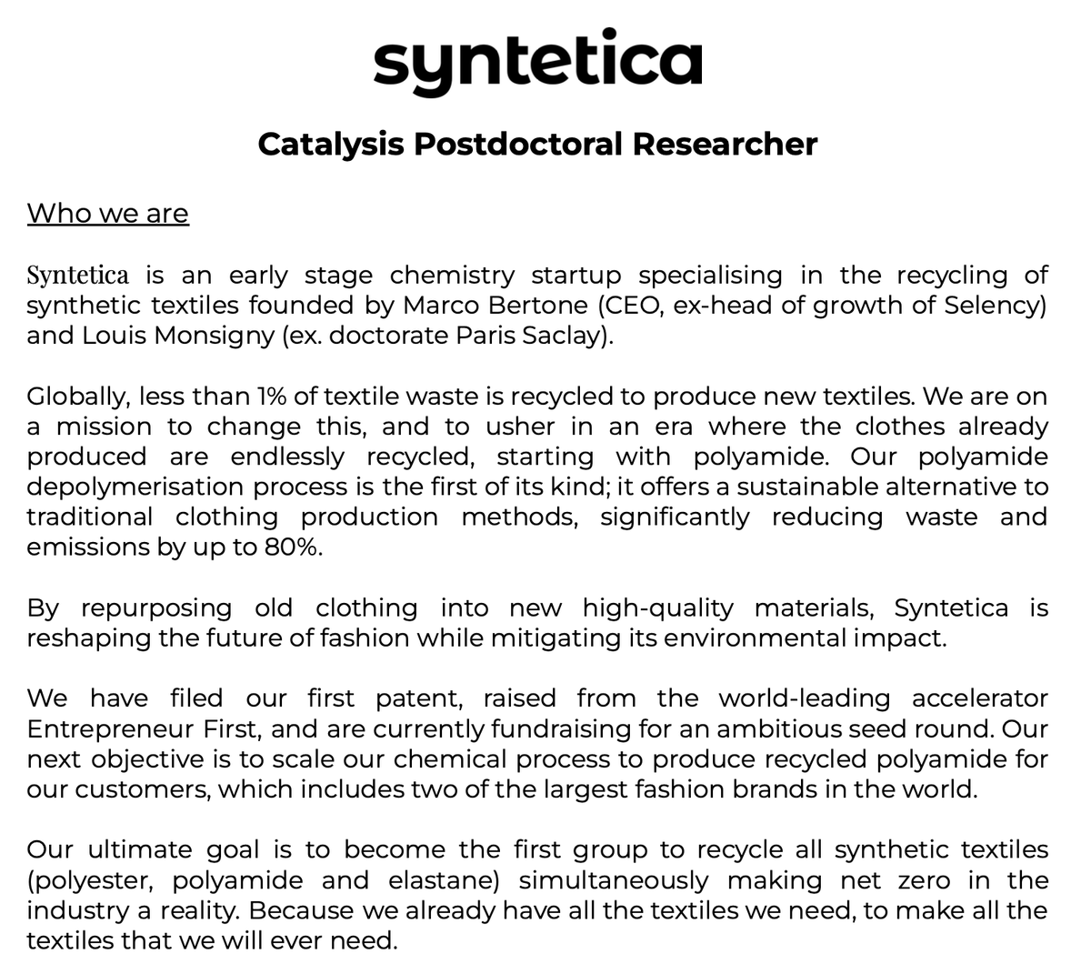sandykilla's tweet photo. Sharing this exciting #postdoc opportunity with 'Syntetica' - early stage chemistry startup specialising in the recycling of synthetic textiles #catalysis #polymerisation #recycling 🩲🧪♻️ https://t.co/eAZ0ygQPZJ
