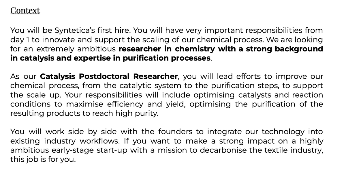 sandykilla's tweet photo. Sharing this exciting #postdoc opportunity with 'Syntetica' - early stage chemistry startup specialising in the recycling of synthetic textiles #catalysis #polymerisation #recycling 🩲🧪♻️ https://t.co/eAZ0ygQPZJ